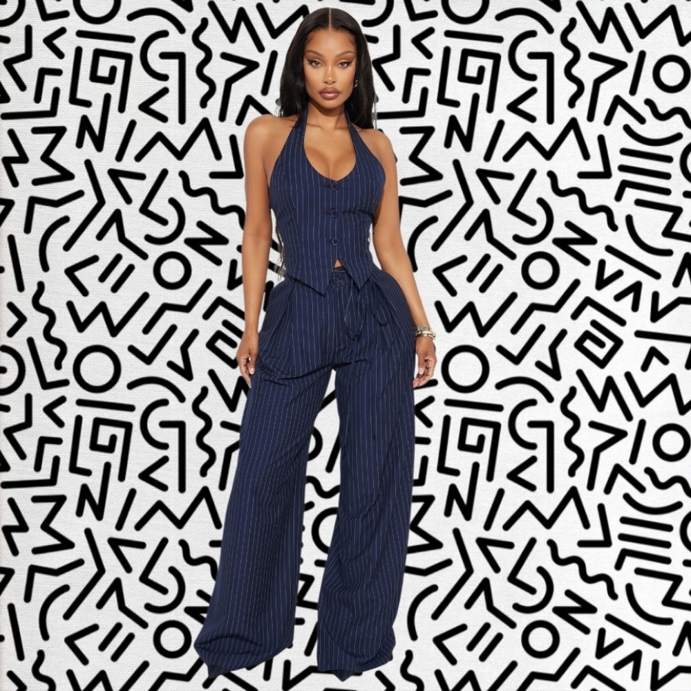 Womens Navy Blue Pin Striped Set Pants & Vest